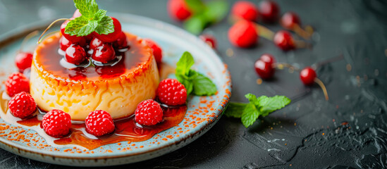 Mexican flan on a dessert plate, flan decorated with berries and mint, delicious caramel sauce.