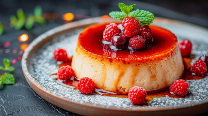 Traditional mexican flan with berries, minted and sauced, using trends in dessert presentation. Can be used in articles about world cuisines.