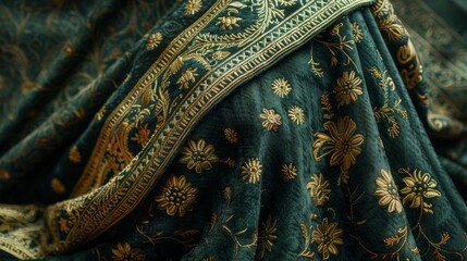 An ornate Indian velvet shawl in dark green with heavy gold embroidery.  - obrazy, fototapety, plakaty