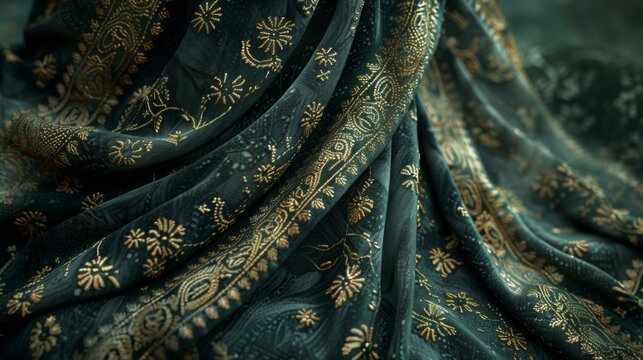 An ornate Indian velvet shawl in dark green with heavy gold embroidery. 