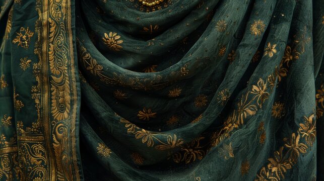 An ornate Indian velvet shawl in dark green with heavy gold embroidery. 
