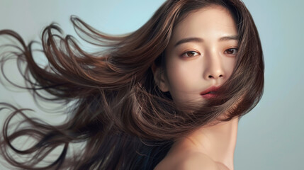 Naklejka premium Beauty portrait of a Korean girl showing off her beautiful, long and shiny hair