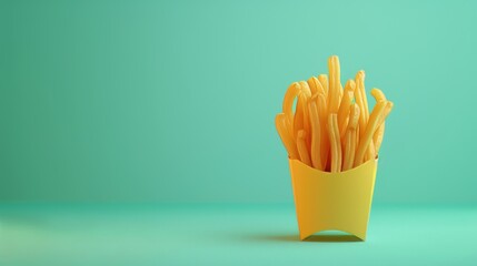 french fries A illustration against pastel pastel green background with copy space for text or logo, beautifully illuminated by studio lighting  - obrazy, fototapety, plakaty