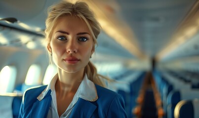 Attractive female blonde cabin attendant in bright blue uniform standing empty plane aisle