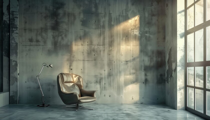 Interior concrete construction and leather armchair in the middle