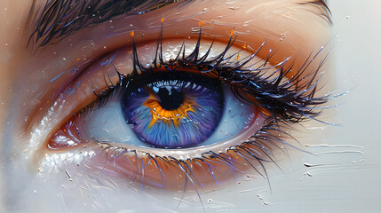 A Vibrant Painting Showcasing a Woman's Eye,
A close up of a woman's eye with a dark eye and a bright orange eye
 - obrazy, fototapety, plakaty