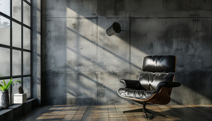 Fototapeta na wymiar Interior concrete construction and leather armchair in the middle