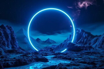A blue circle in the sky with mountains in the background