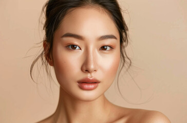 Beauty, makeup and portrait of natural asian woman in studio isolated on cream background. Dermatology, face and skincare with aesthetic or confident young model at spa for change or transformation