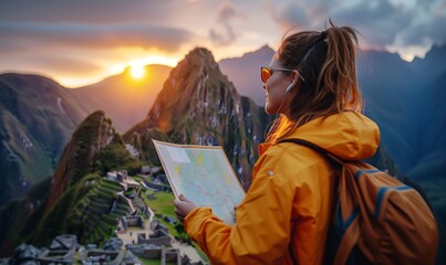 Young caucasian happy woman holding map and standing in Machu Picchu mountain. Female tourist in casual hat back view with copy space
