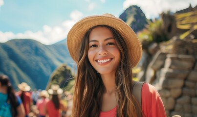 Young woman in dress and hat smiling and traveling, girl posing in crowd at Machu Picchu