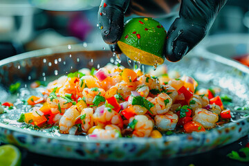 A lime squeeze over mexican sea food ceviche. Good for food and travel articles and blogs