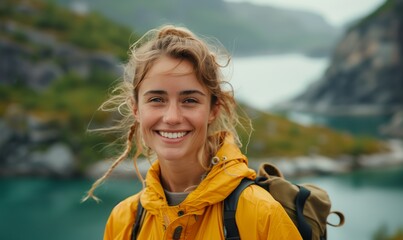 Smiling, positive blonde woman in yellow raincoat on background of blue mountain lake