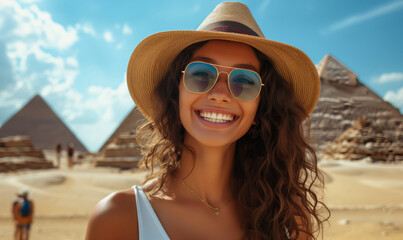 Positive smiling female tourist in a hat and sunglasses posing against the background of the pyramids in Egypt