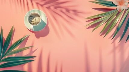 A cup of fragrant coffee on a pink background with palm leaves and shadows, flat lay, top view - obrazy, fototapety, plakaty