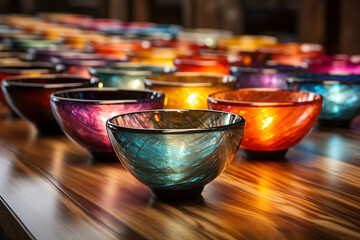Colorful ceramic bowls on a wooden shelf in a restaurant. Selective focus.