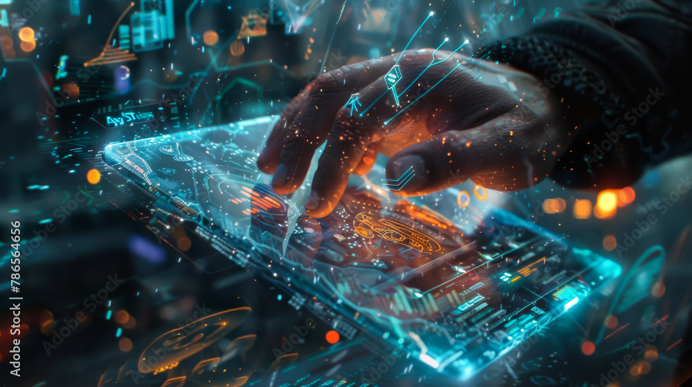 Poster a hand is pointing at a computer screen with a blue and orange design. the design is made up of vari