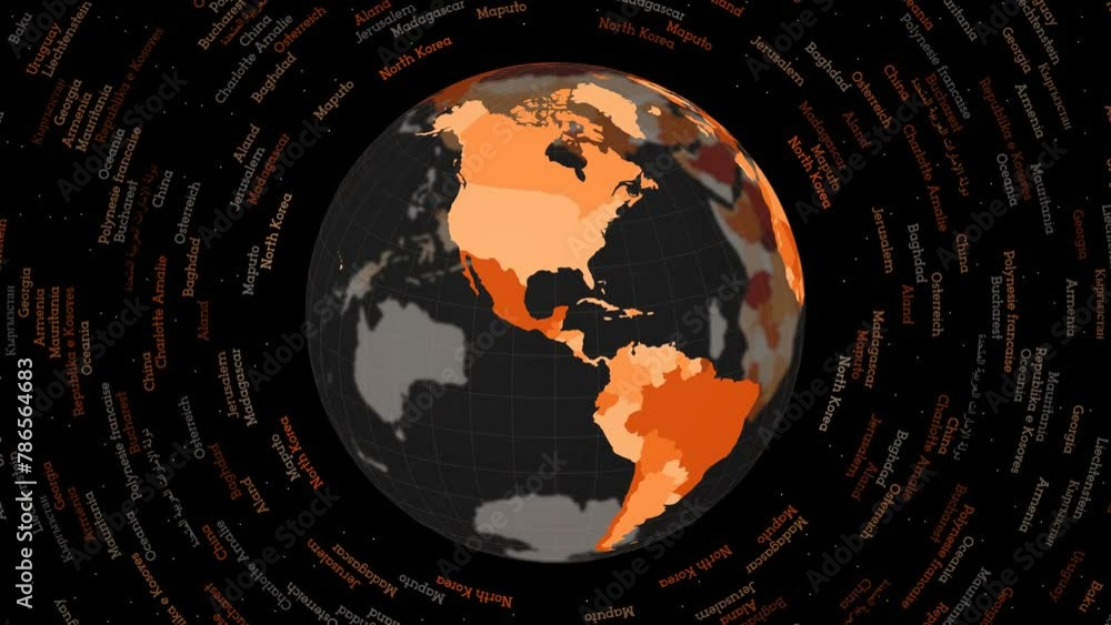 Poster rotating globe. dark translucent globe with round geographical names text. appealing spinning planet
