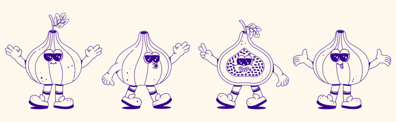 Groovy figs set. Funny vintage character in trendy retro linear style. Doodle Comic collection.