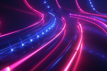 A colorful, neon-lit road with a blue and pink line