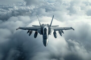 Combat jet on surveillance, overcast skies of tension - obrazy, fototapety, plakaty