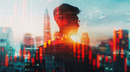 Obraz premium A man's silhouette is reflected in a city skyline with a red and orange background. Concept of loneliness and isolation, as the man is the only figure visible in the scene