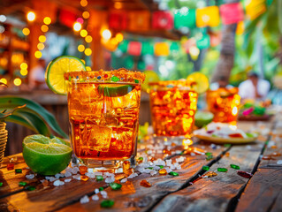 Festive golden hour tequila bar scene with citrus accents, for nightlife and party themes