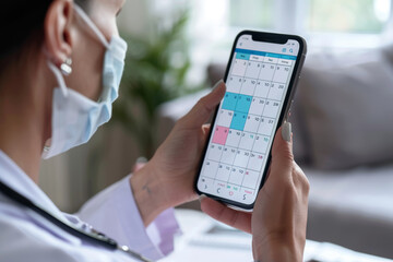 Smartphone with calendar app held by healthcare professional.