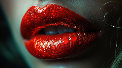 A Pretty Women Red Wet Lips With Dark Red Color Lipstick Blurry Background