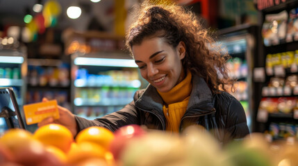 Obraz premium A woman is smiling and holding a credit card in a store. She is happy and seems to be enjoying her shopping experience