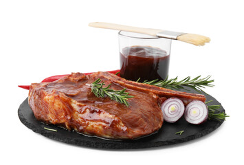 Tasty meat, rosemary, marinade and onion isolated on white