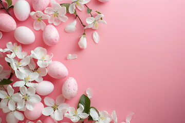 Fototapeta na wymiar Top view of a pink background with Easter eggs and cherry blossom branches. Happy Easter concept. Spring greeting card with place for text, Easter template.