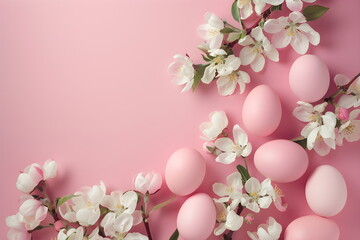 Top view of a pink background with Easter eggs and cherry blossom branches. Happy Easter concept. Spring greeting card with place for text, Easter template.