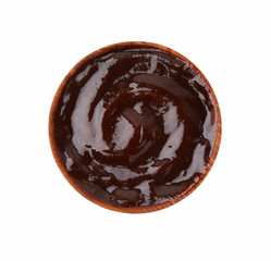 Fresh marinade in bowl isolated on white, top view