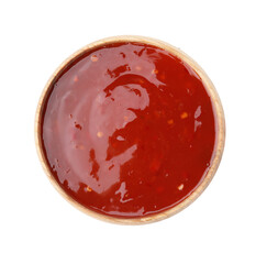 Fresh marinade in bowl isolated on white, top view