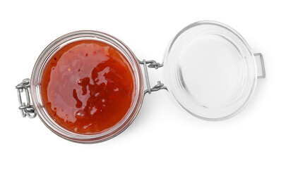 Fresh marinade in jar isolated on white, top view