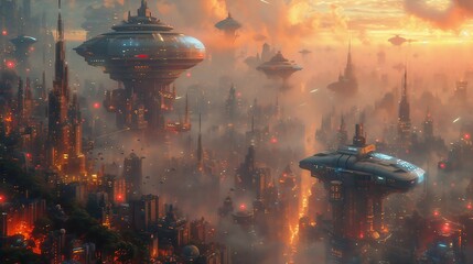 A futuristic cityscape with holographic displays and flying vehicles. AI generate illustration