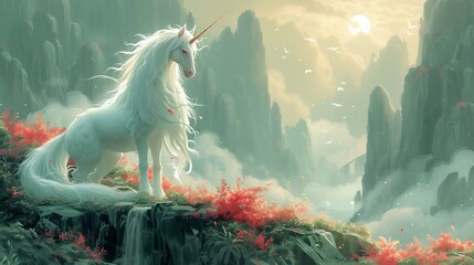 The mythical unicorn in a fantasy setting. AI generate illustration