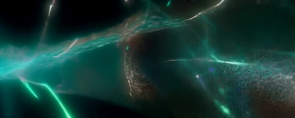 abstract depiction of sound waves interacting with digital particles