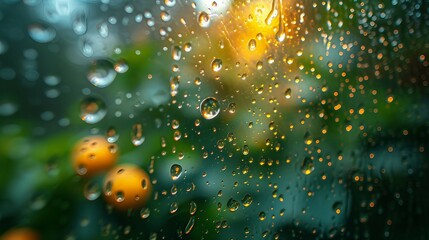 Macro illustration of raindrops on a windowpane. AI generate - obrazy, fototapety, plakaty
