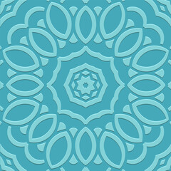 Embossed turquoise background, ethnic cover design, banner. Geometric minimalist 3D pattern. Handmade, doodling. Floral ornaments of the peoples of the East, Asia, India, Mexico, Aztec, Peru.