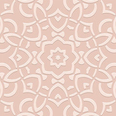 Embossed pink background, ethnic cover design, banner. Geometric elegant minimalist 3D pattern. Handmade, doodling. Floral ornaments of the peoples of the East, Asia, India, Mexico, Aztec, Peru.