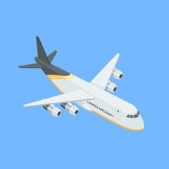 isometric vector cargo plane, in color on a blue background, transportation or delivery of goods by air