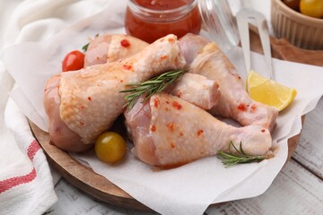 Marinade, raw chicken drumsticks, rosemary and tomatoes on white wooden table, closeup