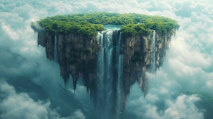 Surreal landscapes with floating islands and cascading waterfalls. AI generate illustration - obrazy, fototapety, plakaty