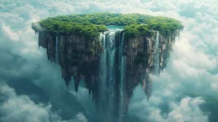 Fotobehang Surreal landscapes with floating islands and cascading waterfalls. AI generate illustration © PandaStockArt