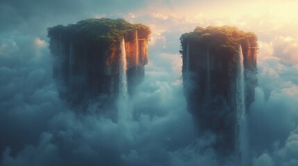 Surreal landscapes with floating islands and cascading waterfalls. AI generate illustration - obrazy, fototapety, plakaty