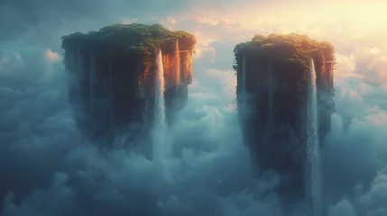 Fotobehang Surreal landscapes with floating islands and cascading waterfalls. AI generate illustration © PandaStockArt