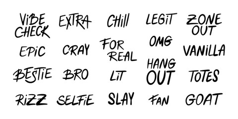 Set of slang words, hand drawn lettering of modern short phrases. Gen Z buzzwords, millenial catchphrases in vector - obrazy, fototapety, plakaty