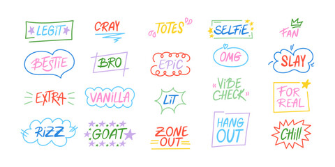 Fototapeta na wymiar Set of slang words, hand drawn lettering of modern short phrases. Gen Z buzzword, millenial catchphrase stickers collection with colorful doodles in vector